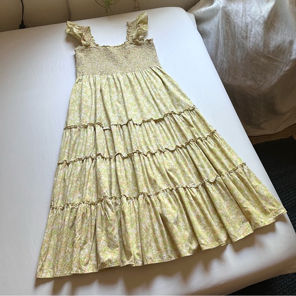 kourt Dresses & Skirts - KOURT white‎ green cotton floral print smocked bodice ruffle tiered midi dress